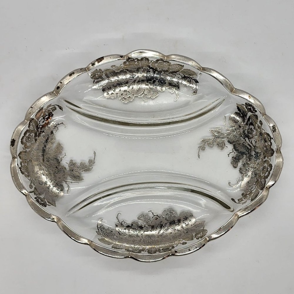 vintage silver overlay glass floral design divided candy, nut relish dish